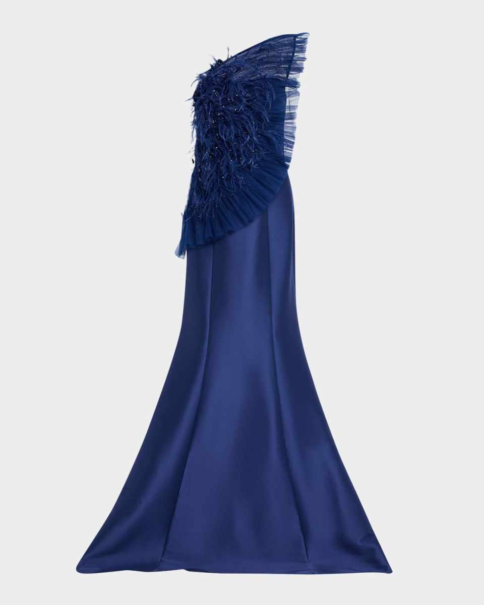 Strapless Feather Ruffle Trumpet Gown